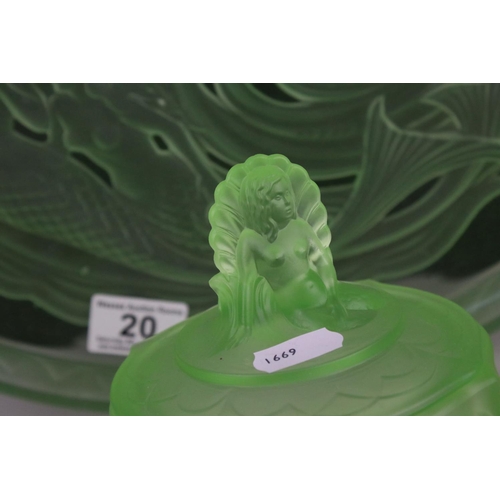 20 - Walther & Sohne green uranium glass ' Nymphen ' dressing table set comprising tray, 2 x candlesticks... 