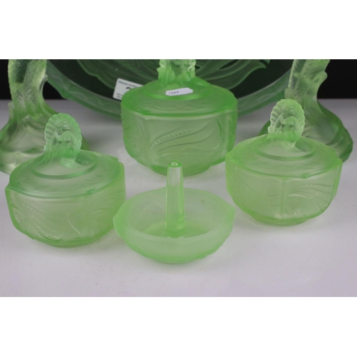 20 - Walther & Sohne green uranium glass ' Nymphen ' dressing table set comprising tray, 2 x candlesticks... 