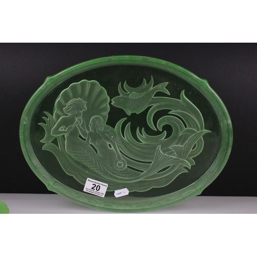20 - Walther & Sohne green uranium glass ' Nymphen ' dressing table set comprising tray, 2 x candlesticks... 
