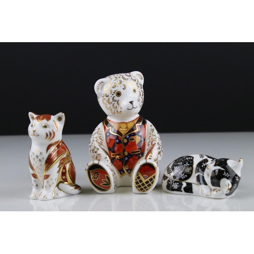 33 - Royal Crown Derby Collectors Guild Debonair Bear Paperweight together Two Royal Crown Derby Cat Pape... 
