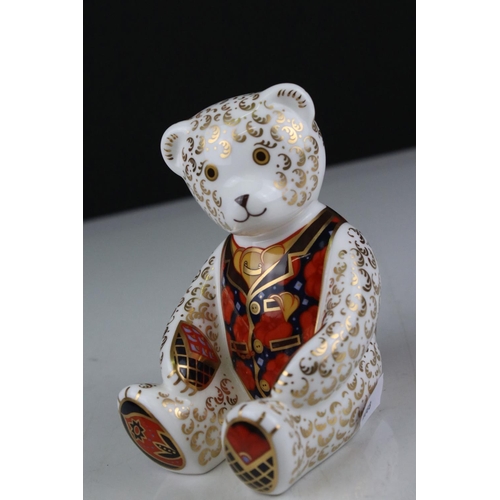 33 - Royal Crown Derby Collectors Guild Debonair Bear Paperweight together Two Royal Crown Derby Cat Pape... 
