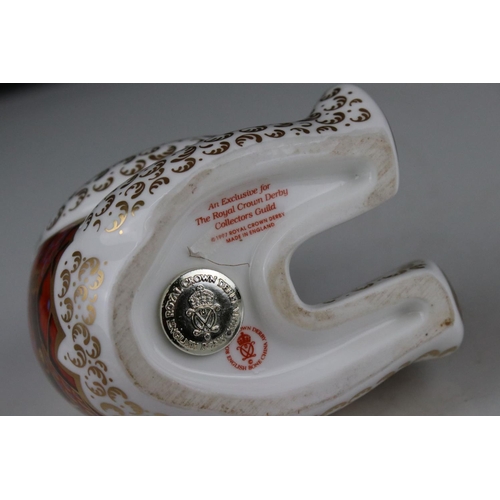 33 - Royal Crown Derby Collectors Guild Debonair Bear Paperweight together Two Royal Crown Derby Cat Pape... 