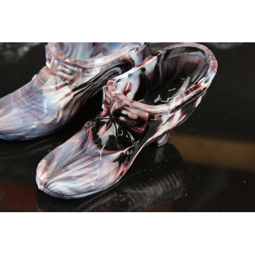 40 - Sowerby Pressed Glass Shoes - a pair of shoes, approx. 18.5cm long, each with a Sowerby peacock head... 