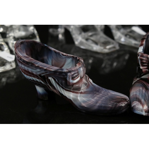 40 - Sowerby Pressed Glass Shoes - a pair of shoes, approx. 18.5cm long, each with a Sowerby peacock head... 