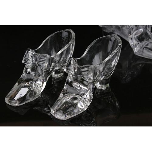 40 - Sowerby Pressed Glass Shoes - a pair of shoes, approx. 18.5cm long, each with a Sowerby peacock head... 