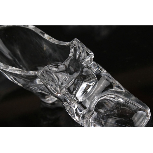 40 - Sowerby Pressed Glass Shoes - a pair of shoes, approx. 18.5cm long, each with a Sowerby peacock head... 