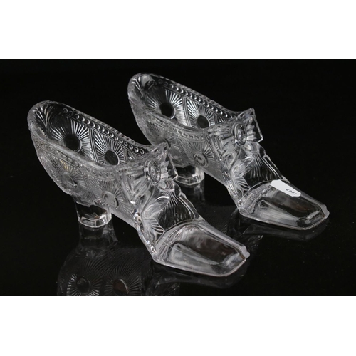 40 - Sowerby Pressed Glass Shoes - a pair of shoes, approx. 18.5cm long, each with a Sowerby peacock head... 
