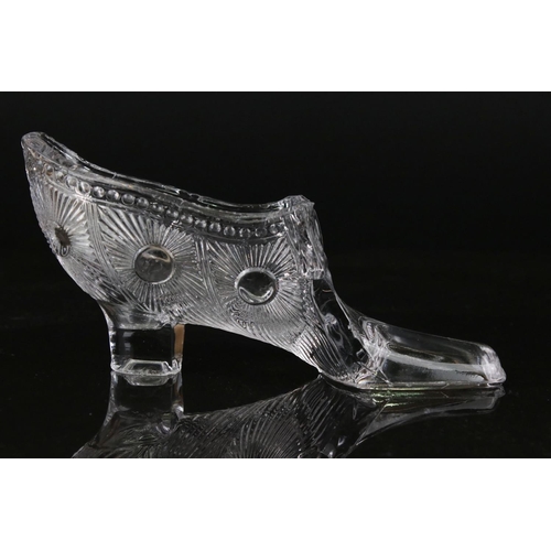 40 - Sowerby Pressed Glass Shoes - a pair of shoes, approx. 18.5cm long, each with a Sowerby peacock head... 