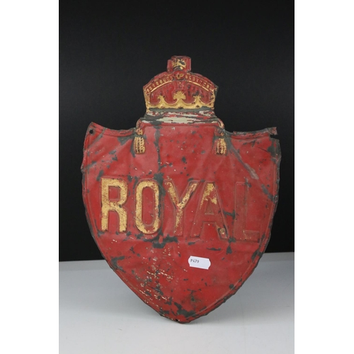 58 - Antique ' Royal ' Metal Fire Insurance Plaque in the form of a Shield with a Crown, 30cms high