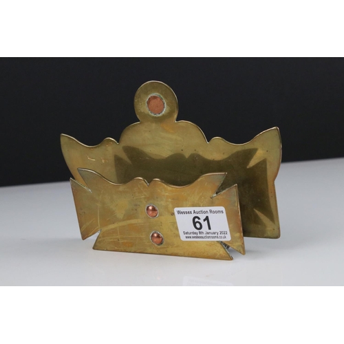 61 - World War I Trench Art Brass and Copper Wall Pocket, 18cms long