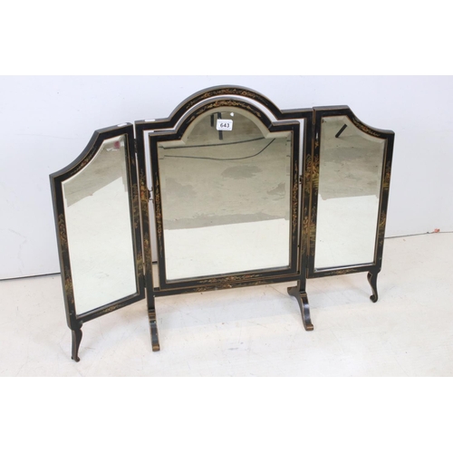 643 - Black Lacquered Triptych Dressing Mirror with chinoiserie decoration, 69cms high