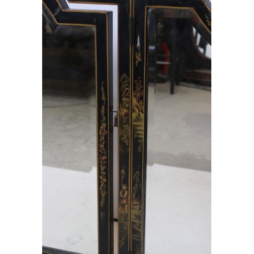 643 - Black Lacquered Triptych Dressing Mirror with chinoiserie decoration, 69cms high