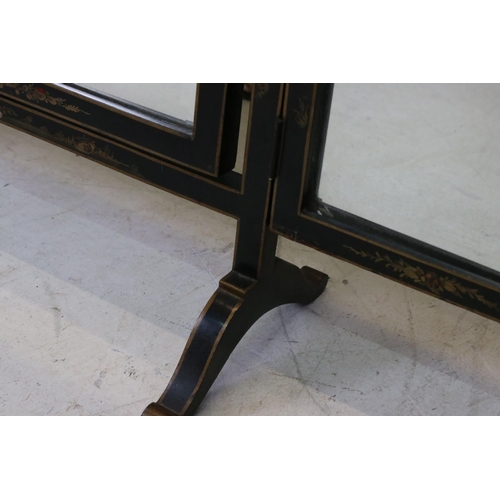 643 - Black Lacquered Triptych Dressing Mirror with chinoiserie decoration, 69cms high