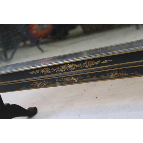 643 - Black Lacquered Triptych Dressing Mirror with chinoiserie decoration, 69cms high