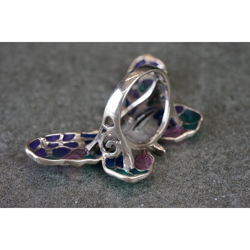 190 - Unusual silver and enamel set butterfly ring