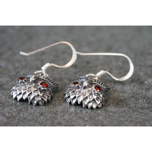 193 - Pair of silver owl earrings with ruby eyes