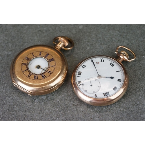 196 - Two early 20th century top winding pocket watches with gold plated cases to include a half hunter ex... 