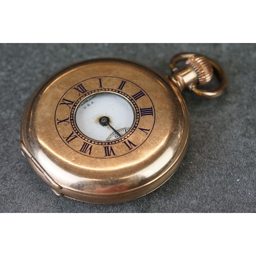 196 - Two early 20th century top winding pocket watches with gold plated cases to include a half hunter ex... 