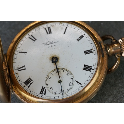 196 - Two early 20th century top winding pocket watches with gold plated cases to include a half hunter ex... 