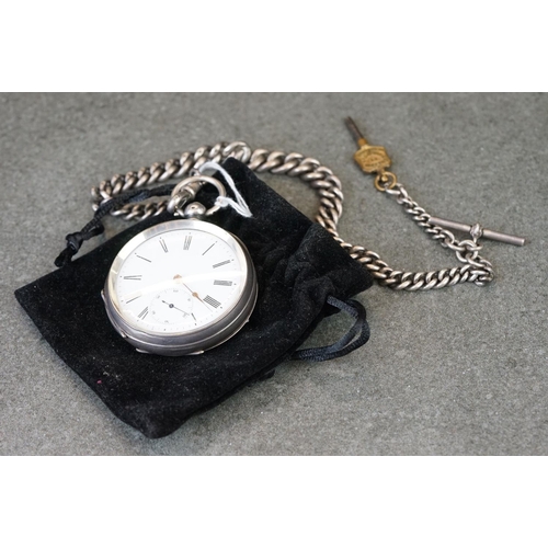 197 - A sterling silver cased gents pocket watch with hallmarked silver graduated Albert chain.