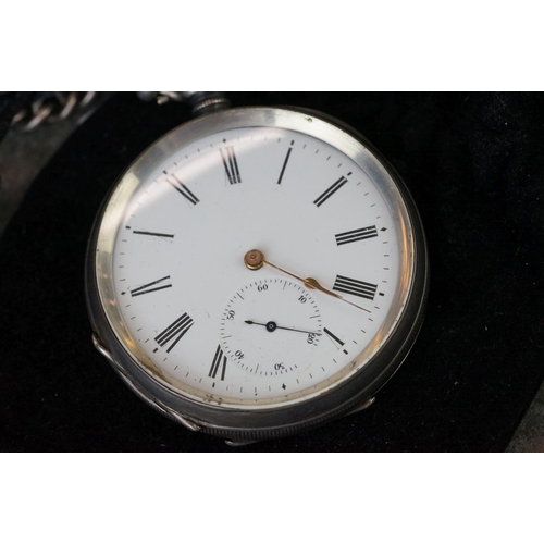 197 - A sterling silver cased gents pocket watch with hallmarked silver graduated Albert chain.