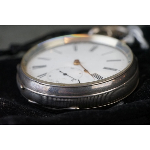 197 - A sterling silver cased gents pocket watch with hallmarked silver graduated Albert chain.