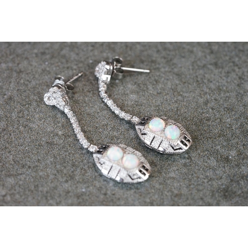 198 - Pair of silver, CZ & opal panelled drop earrings