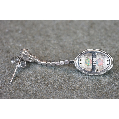 198 - Pair of silver, CZ & opal panelled drop earrings