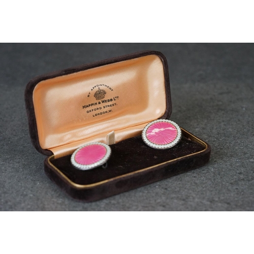 202 - A pair of fully hallmarked sterling silver and pick enamel brooches maker marked JA&S and assay in B... 