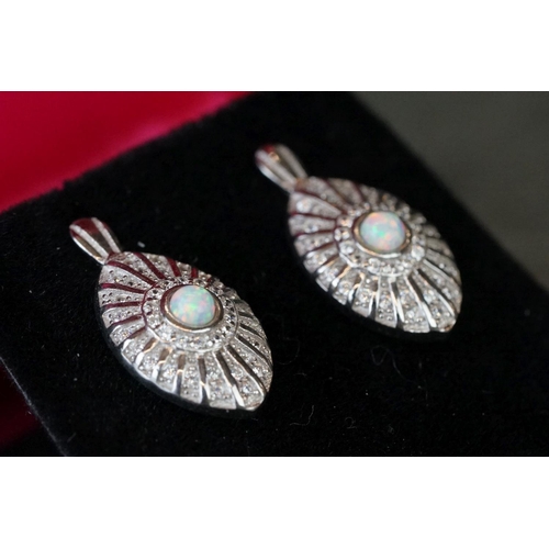 204 - Pair of silver, CZ & opal panelled earrings