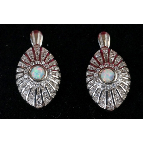 204 - Pair of silver, CZ & opal panelled earrings