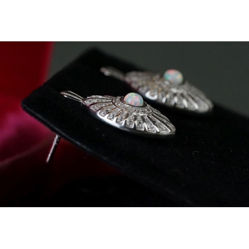 204 - Pair of silver, CZ & opal panelled earrings