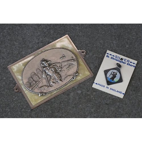 208 - A white metal German St. Christopher plaque together with a silver St. Christopher charm.