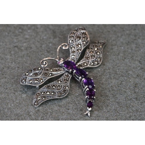 216 - Large silver, marcasite & amethyst dragonfly brooch