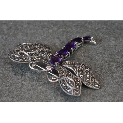 216 - Large silver, marcasite & amethyst dragonfly brooch