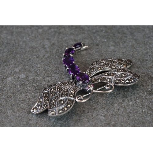 216 - Large silver, marcasite & amethyst dragonfly brooch