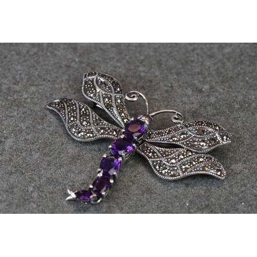 216 - Large silver, marcasite & amethyst dragonfly brooch