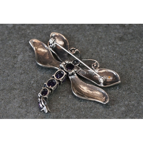 216 - Large silver, marcasite & amethyst dragonfly brooch