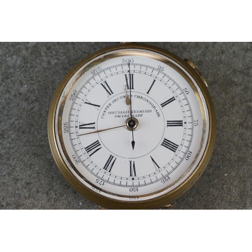 220 - A early 20th century brass cased centre seconds chronograph pocket watch.