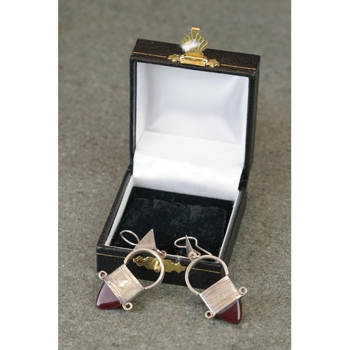 221a - Pair of Mexican white metal and paste drop earrings of geometric form, length approx 4cm