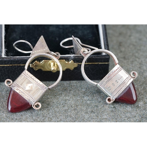 221a - Pair of Mexican white metal and paste drop earrings of geometric form, length approx 4cm