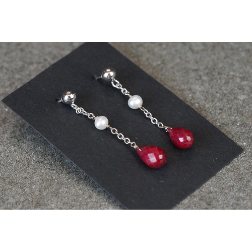 226 - Pair of vintage white gold pearl & ruby drop earrings