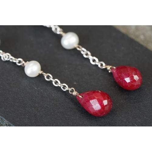 226 - Pair of vintage white gold pearl & ruby drop earrings