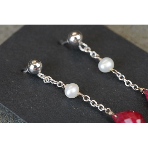 226 - Pair of vintage white gold pearl & ruby drop earrings