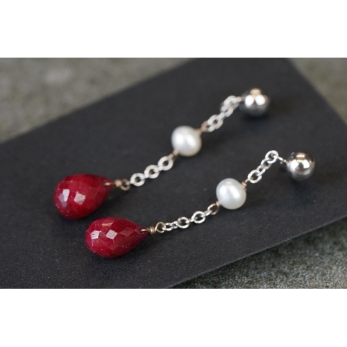 226 - Pair of vintage white gold pearl & ruby drop earrings