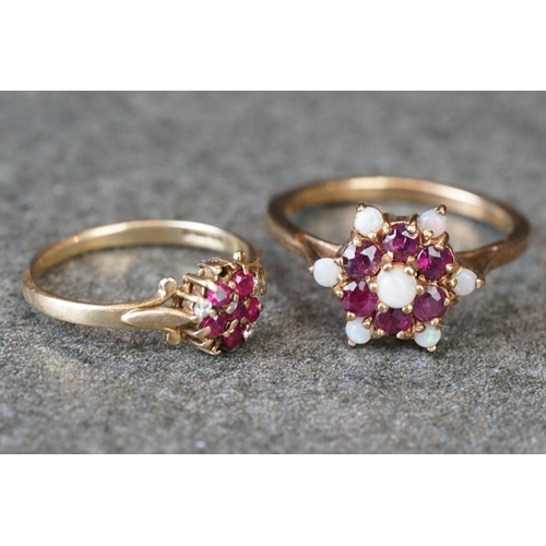 230 - Two ladies hallmarked 9ct gold dress rings with ruby, opal and diamonds.