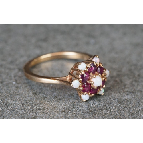 230 - Two ladies hallmarked 9ct gold dress rings with ruby, opal and diamonds.