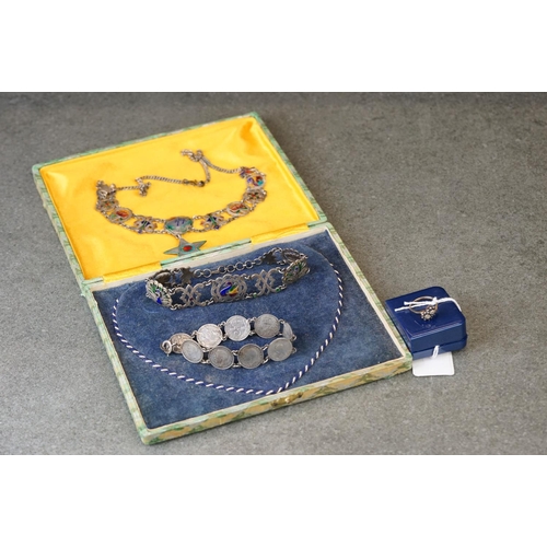 233 - A vintage indian silver and enamel necklace together with a similar bracelet, a 3d coin bracelet and... 