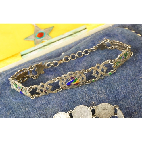 233 - A vintage indian silver and enamel necklace together with a similar bracelet, a 3d coin bracelet and... 