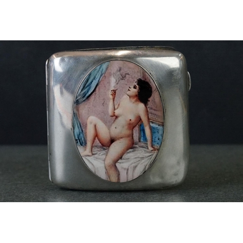238 - Large silver case with nude enamel plaque